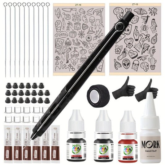 DIY Tattoo Kit for Beginners No Electricity No Drawing – A4 Transfer Paper with Patterns Stylus Ink Pen Needles Black & Red Ink Transfer Gel Complete Stick and Poke Home Tattoo Supplies Set