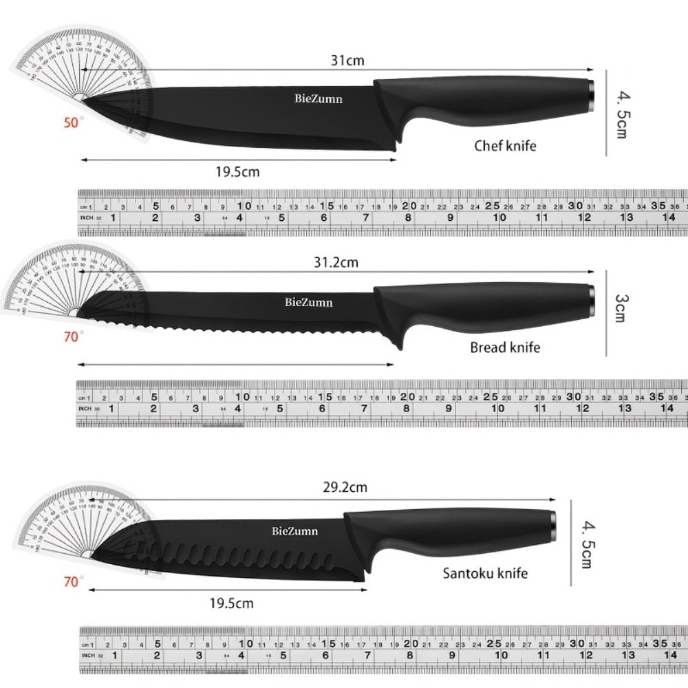 Black Kitchen Knife Set with Three-Piece or 14-Piece Options, Storage Block and Scissors on Larger Package