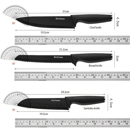 Black Kitchen Knife Set with Three-Piece or 14-Piece Options, Storage Block and Scissors on Larger Package