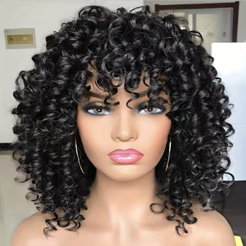 Synthetic Wig 14-Inch Kinky Curly Afro with Bangs in Black, Granny Gray or Dark Brown for Daily Styling