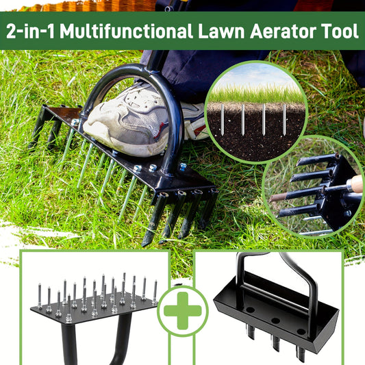 2-in-1 Lawn Aerator 38-Inch Manual Tool with 16 Spikes & 8 Corer Plugs - Dual-Function Spike & Plug Aerator for Garden Grass Aeration, Lawn Thatch Loosening & Yard Care