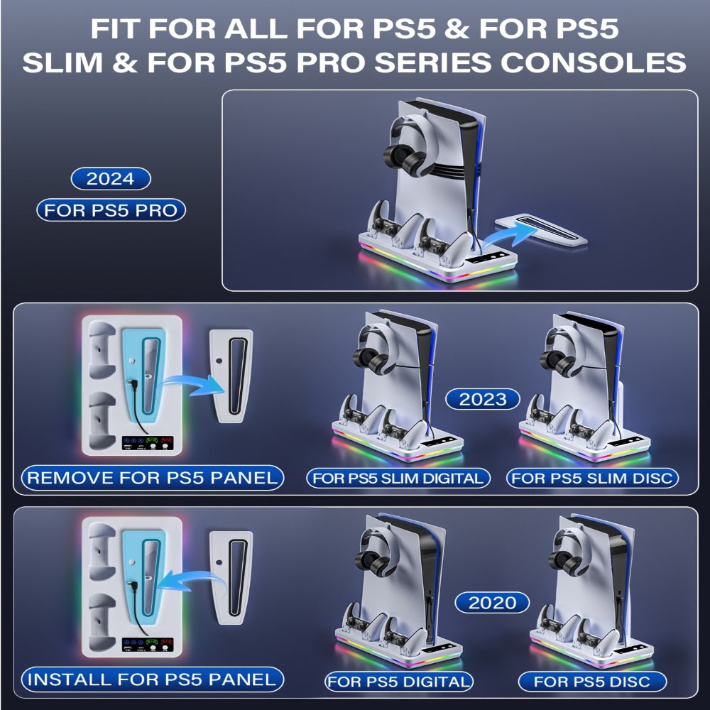 RGB Console Stand Compatible with PS5, Slim and Pro Models, Three-Speed Fan and Dual Controller Charging Dock