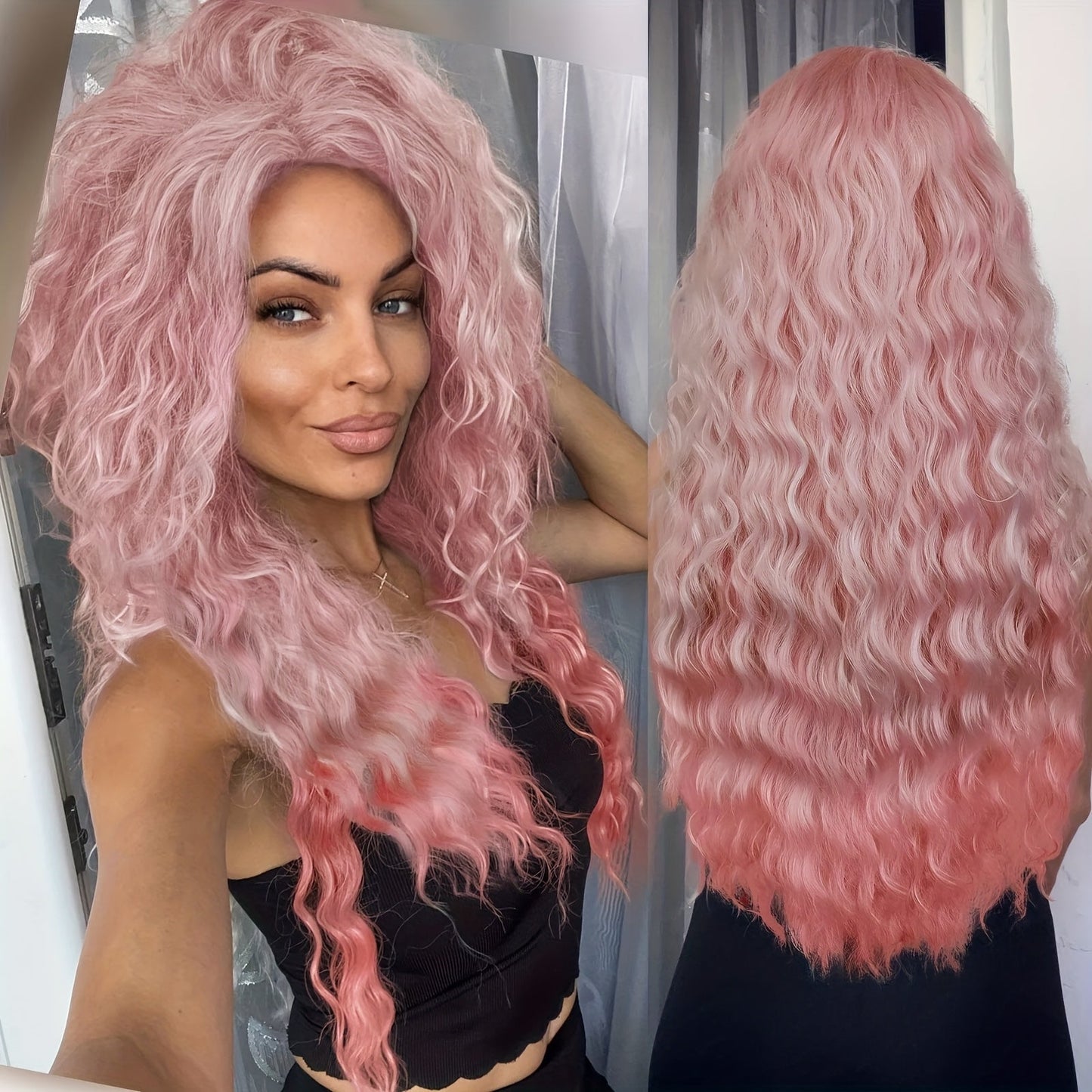 Synthetic Wig 30-Inch Long Curly Waves with Dark Roots, Middle Part and Three Ombre Colors