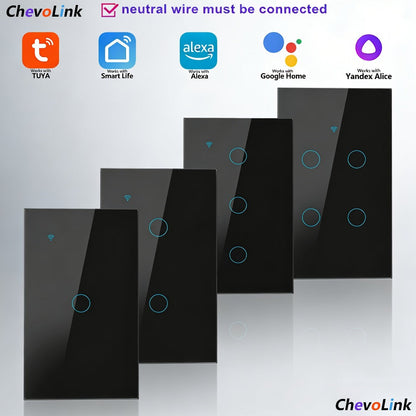 Black Glass WiFi Touch Wall Switch with One-, Two-, Three- or Four-Gang US-Style Options and Neutral-Wire Wiring