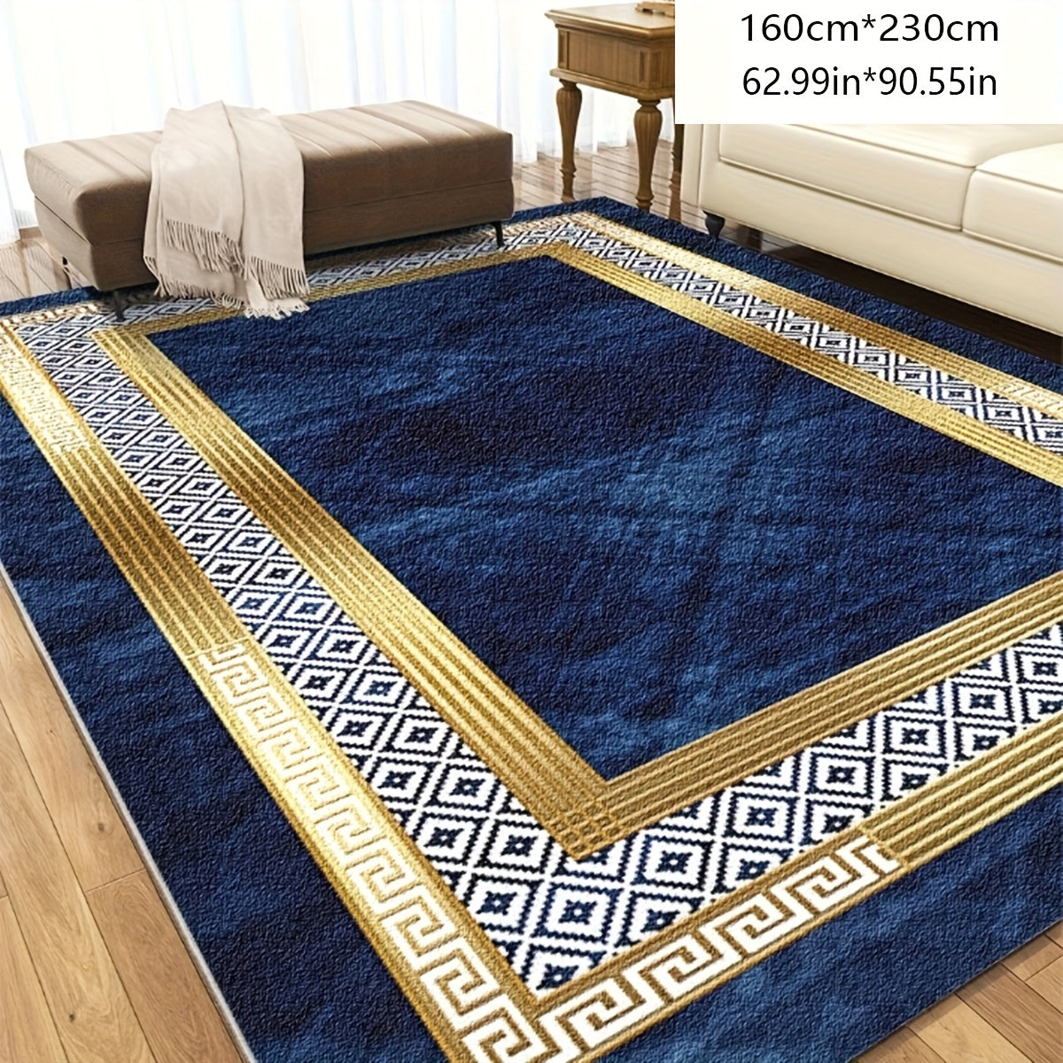 Navy Blue and Gold Geometric Area Rug with Four Exact Rectangular Size Options for Living Spaces