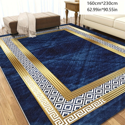 Navy Blue and Gold Geometric Area Rug with Four Exact Rectangular Size Options for Living Spaces