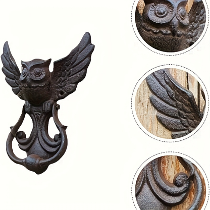 Winged Owl Door Knocker with Pictured 8.86-Inch Height, Ring Handle and Rustic Dark Finish