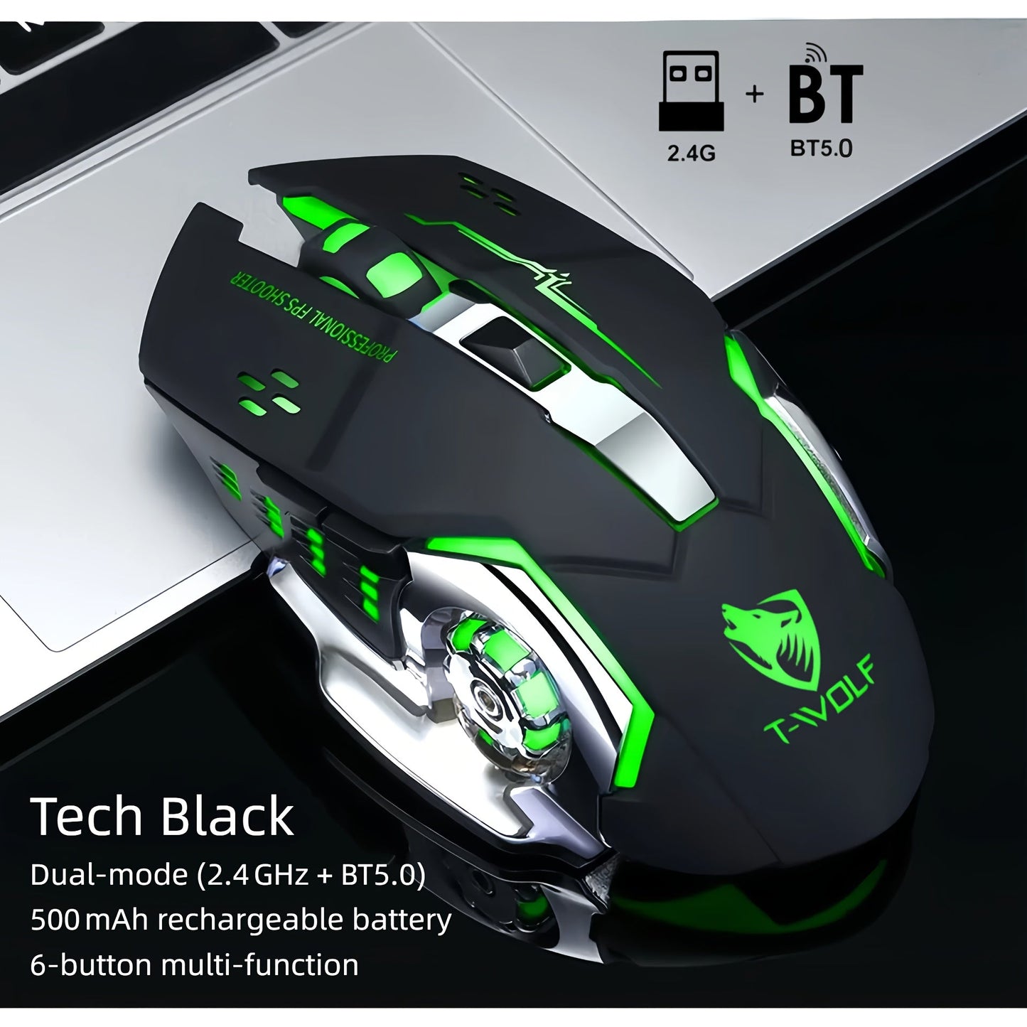 RGB Dual-Mode Wireless Gaming Mouse with Bluetooth 5.0, 2.4 GHz Receiver and Four Color Options