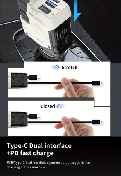120W Fast Car Charger 4-in-1 with Retractable PD 3.0 Type-C Cable & Multi-Port USB Adapter – Short Circuit & Overheat Protection for iPhone Samsung Galaxy S25 Ultra Huawei Android, 4 Colors Available