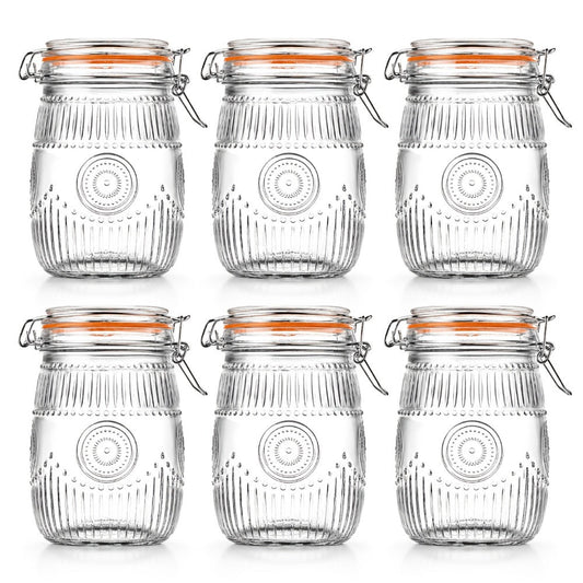Mason Jars 6 Pack 32oz Wide Mouth Airtight Glass Canister Set with Hinged Lids Vintage Sunflower Pattern Kitchen Storage Jars for Coffee Sugar Beans Spices Dry Goods Pantry Organization