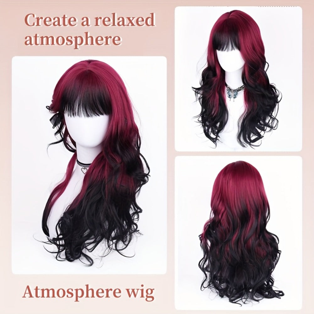 28-Inch Synthetic Curly Wig in Black with Red Highlights and Pictured Rose-Net Cap for Costume or Daily Styling