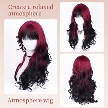 28-Inch Synthetic Curly Wig in Black with Red Highlights and Pictured Rose-Net Cap for Costume or Daily Styling