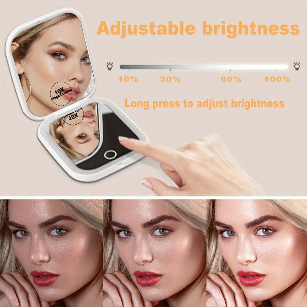Compact Makeup Mirror with Light 10X Magnification, Rechargeable LED Pocket Mirror 3 Color Modes Adjustable Brightness 2-Sided Folding Purse Mirror for Women Travel Daily Use, Beauty Gift for Mom