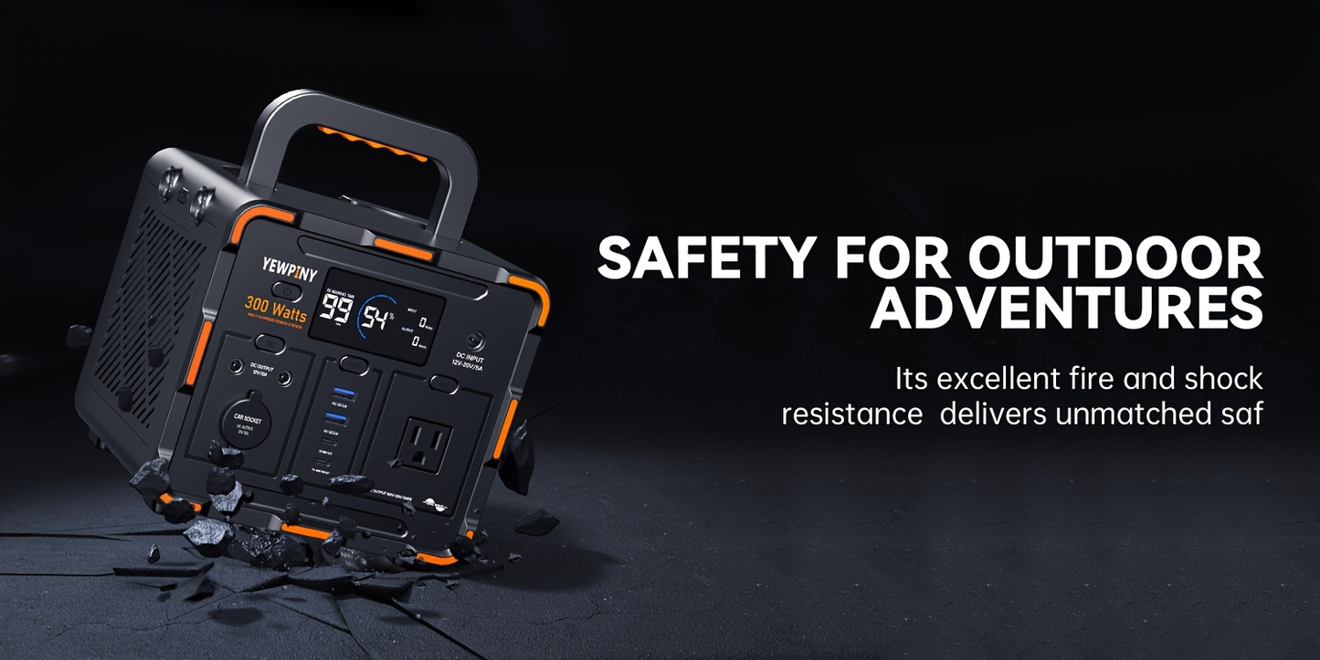 Portable Power Station 259Wh 300W or 599Wh 600W with AC, DC, USB, LiFePO4 Cell Pack and LED Light