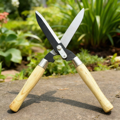 Carbon Steel Hedge Shears with 11-Inch Straight Blades and Paired Walnut Handles for Shrub Trimming
