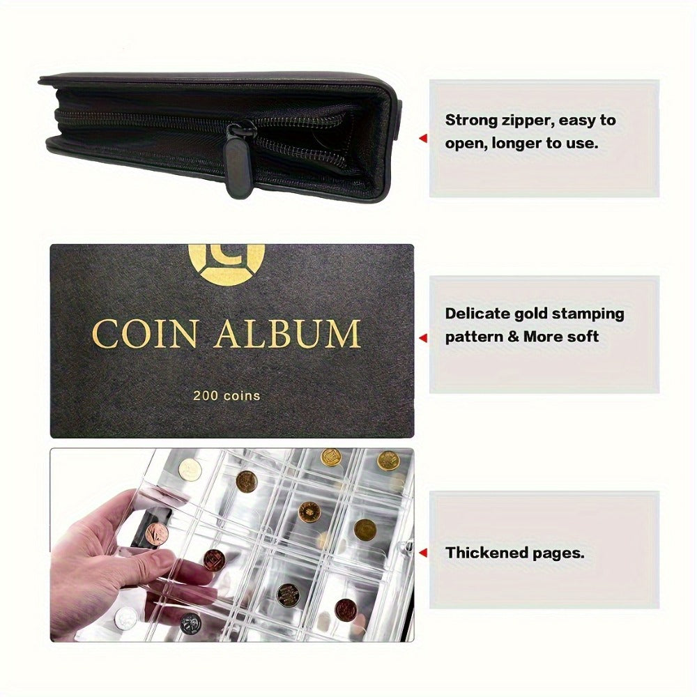 200-Pocket Coin Collection Album with 10 Pages, Zipper Handle and Black or Blue Cover for Adult Collectors