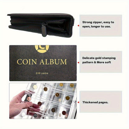 200-Pocket Coin Collection Album with 10 Pages, Zipper Handle and Black or Blue Cover for Adult Collectors