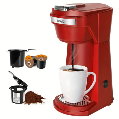 Single-Serve Coffee Maker for Pods or Grounds with 6-14oz Fill Labels, One-Button Control and Four Colors