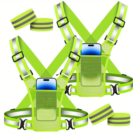 Reflective Running Vest with Phone Holder & Reflective Bracelets – Adjustable Safety Vest for Men Women, Dog Walking, Cycling, Night Running – 2 Pack