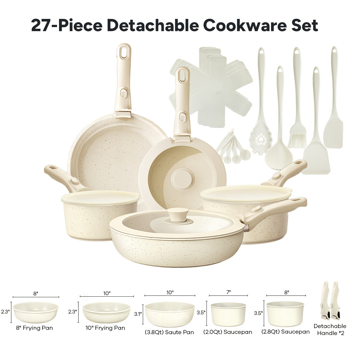 Cookware Set, 23- or 27-Piece Detachable-Handle Pots and Pans with Beige or Pink Finish, Induction, Oven and Dishwasher Use