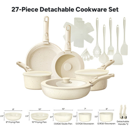 Cookware Set, 23- or 27-Piece Detachable-Handle Pots and Pans with Beige or Pink Finish, Induction, Oven and Dishwasher Use