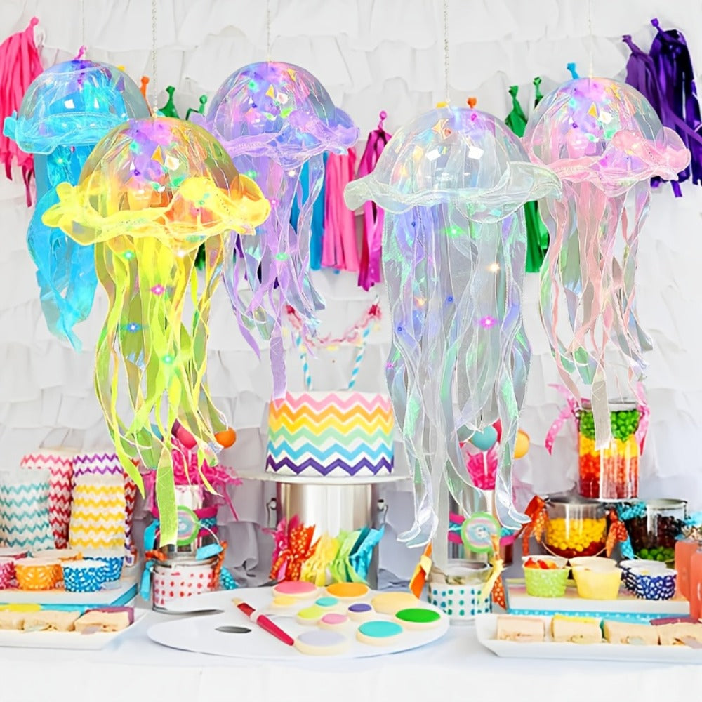 Five-Piece Illuminated Jellyfish Hanging Decoration Set with Translucent Crystal-Style Ribbons