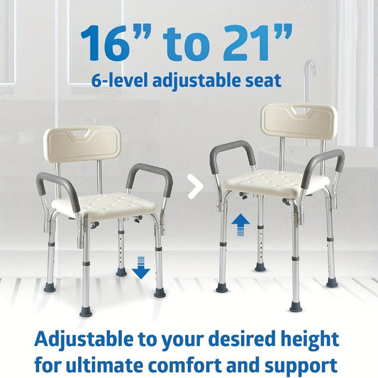 Shower Chair with Padded Armrests & Back - Heavy Duty Bath Seat 350 lb Capacity, Adjustable Height, Non-Slip Base, Lightweight Aluminum Frame for Elderly, Seniors & Disabled