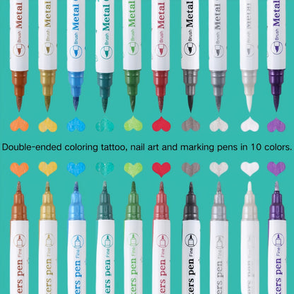 Double-Ended Tattoo Pen Set 10 Pcs with 114 Templates & Butterfly Stickers — Waterproof Sweat-Resistant DIY Temporary Body Art Kit for Parties, Festivals, Halloween & Gifts