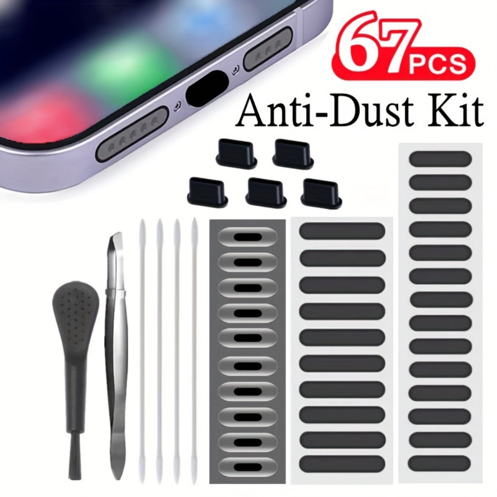 Phone Dust Plug Kit 67PCS – Type-C & Lightning Port Protectors, Speaker Dust Mesh Stickers, Cleaning Brush Set, Anti-Dust Caps for iPhone & Android Smartphones