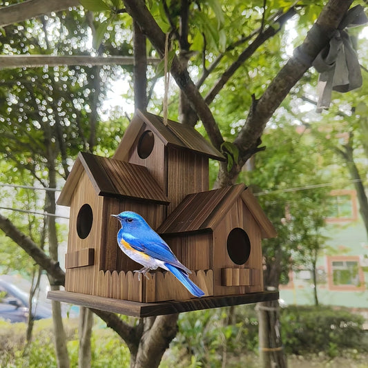 Bird House | 3-Room Natural Wood Hanging Chain Garden Patio Bluebird