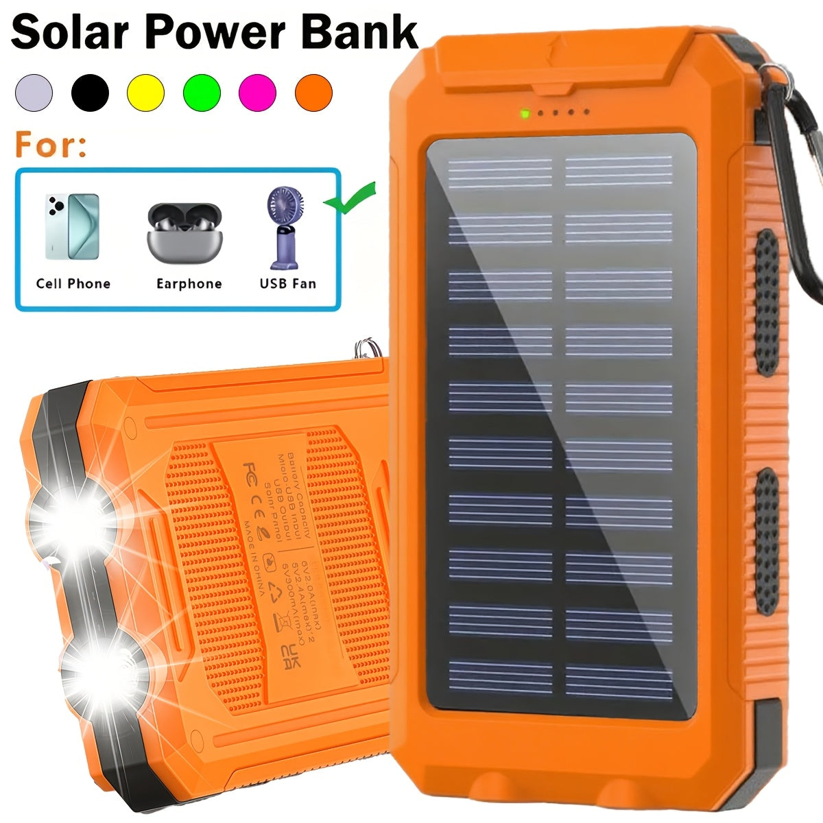 Solar Power Bank, 12800mAh Dual-USB 5V Charger with LED Flashlight and Single-Color or Three-Piece Set Options