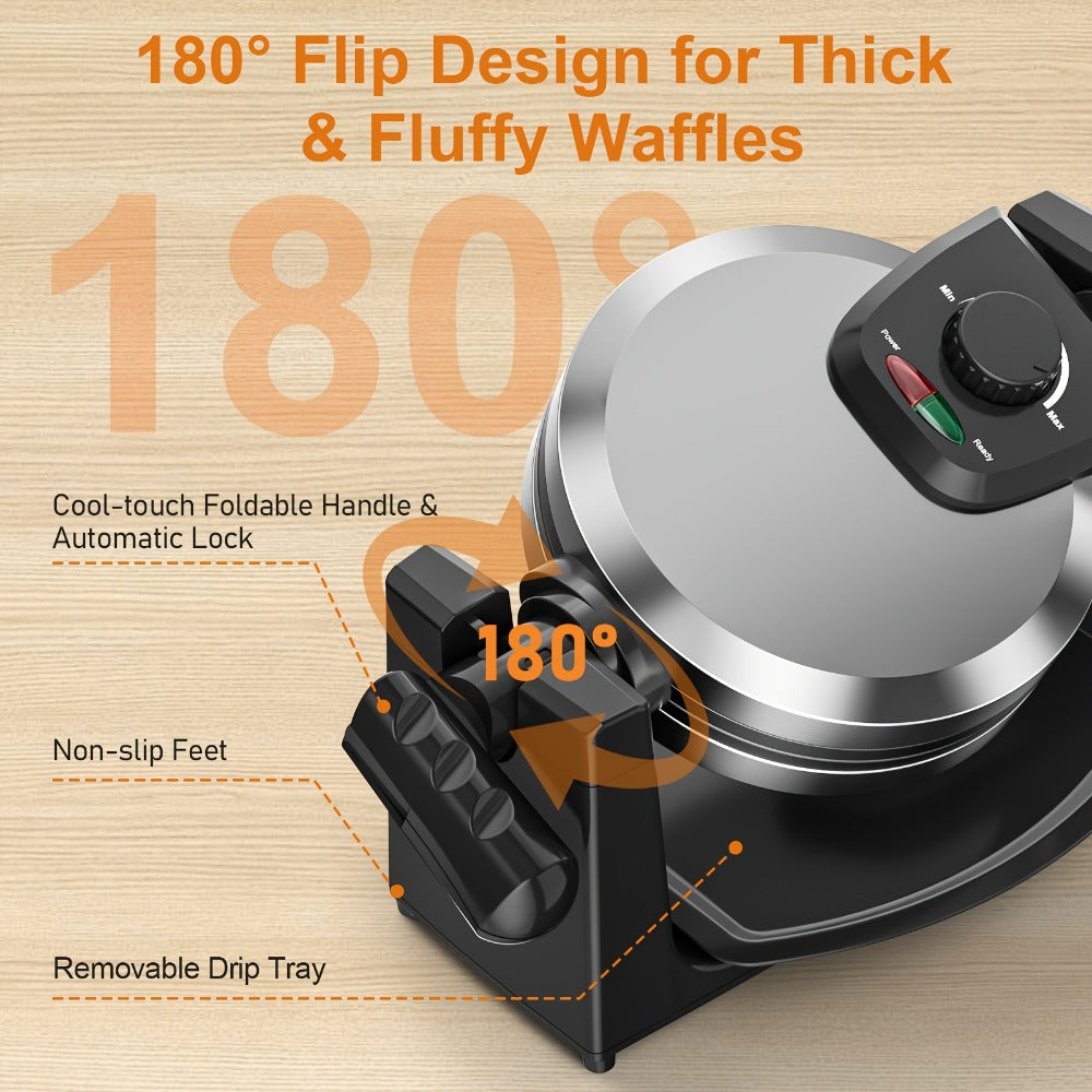 Belgian Waffle Maker 180° Rotating Flip Waffle Iron, Non-Stick Plates, Adjustable Browning Control, Removable Drip Tray, Cool Touch Handle, Stainless Steel, Space-Saving Foldable Design – Single & Double