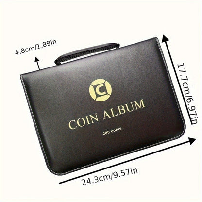 200-Pocket Coin Collection Album with 10 Pages, Zipper Handle and Black or Blue Cover for Adult Collectors