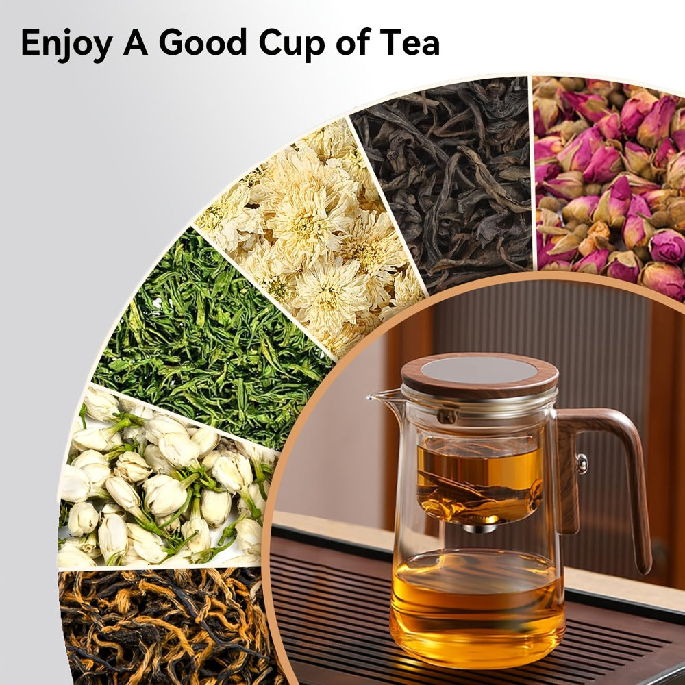 Twenty-Seven-Ounce Glass Teapot with Infuser, Wooden Handle and One-Button Tea Separation Design