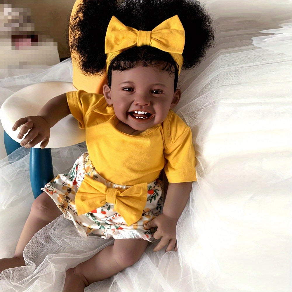 Reborn Doll, 24-Inch Dark-Tone Cloth-Body Figure with Silicone Head and Limbs, Rooted Hair and Accessories