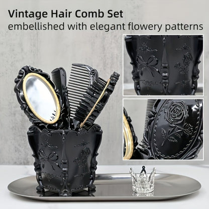 Retro Hair Comb Set with Mirror Scalp Massage Hairbrush Pocket Mirror Vintage Vanity Brush Set for Women Girls Travel Daily Grooming Makeup Gift Black