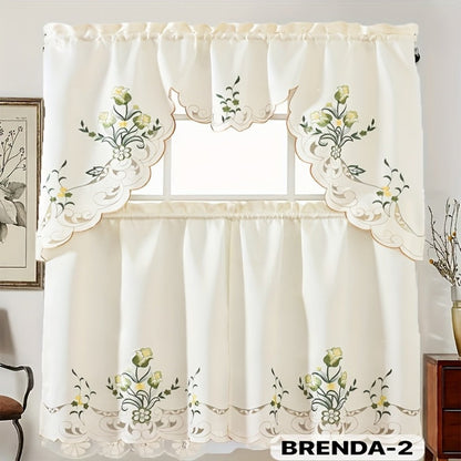 Three-Piece Patterned Kitchen Curtain Set with One Valance, Two Tiers and Forty-Six Exact Design Options