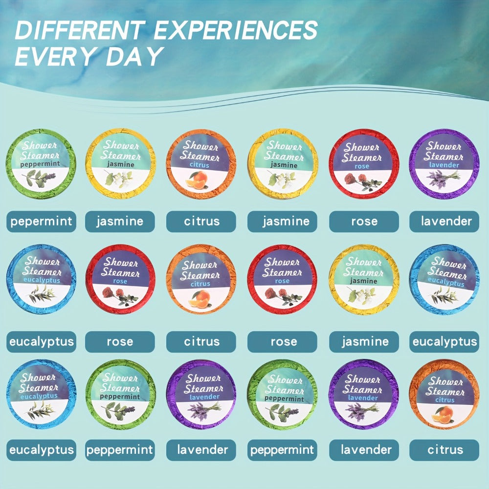 Eighteen Individually Wrapped Shower Steamers with Six Fragrance Labels and 30 g Tablet Packaging