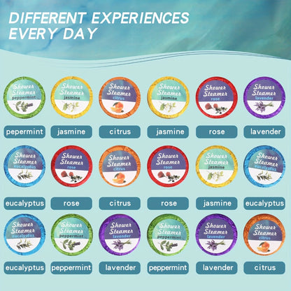 Eighteen Individually Wrapped Shower Steamers with Six Fragrance Labels and 30 g Tablet Packaging