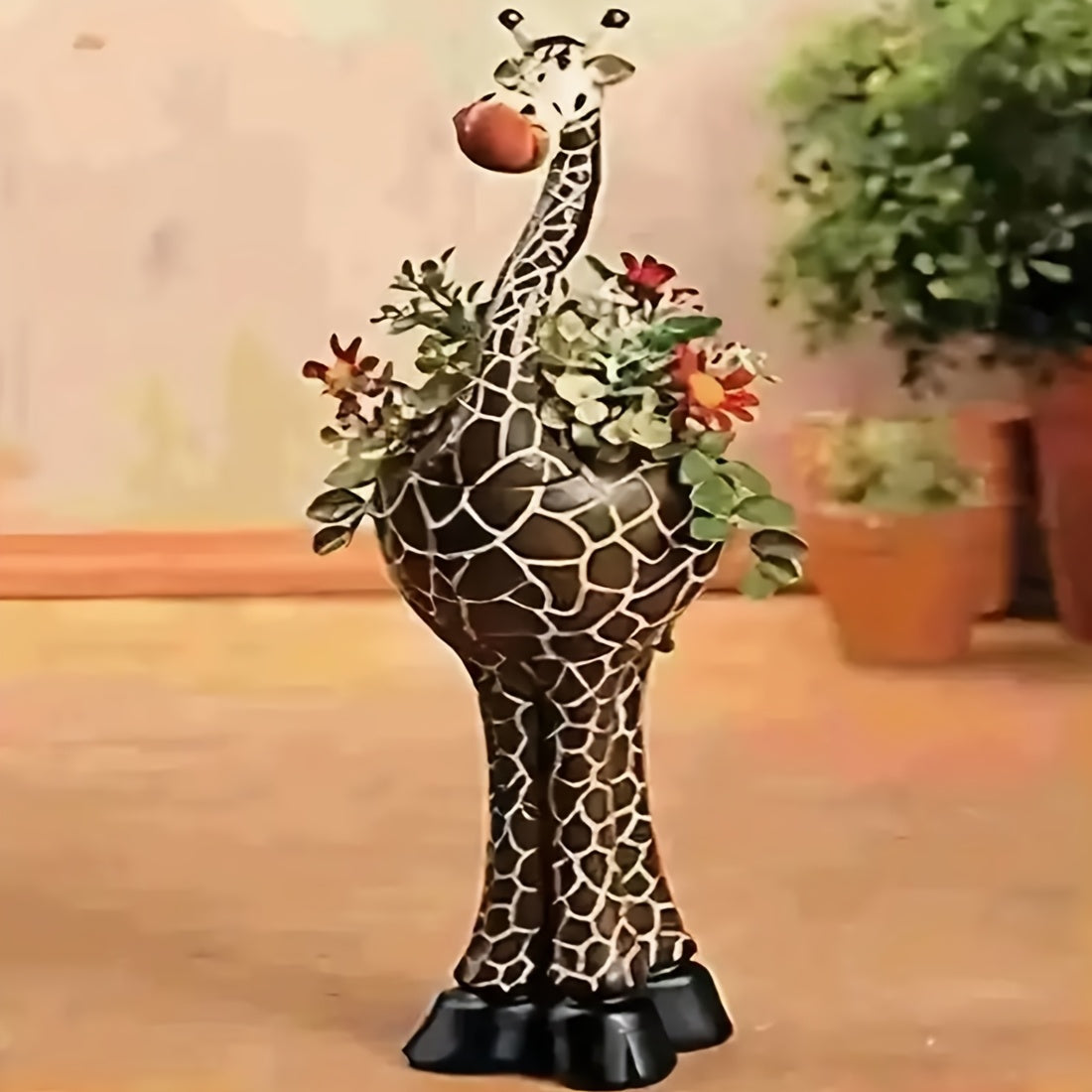 Giraffe-Shaped Decorative Planter with Pictured Long-Neck Body, Open Back Pot and Dark Base