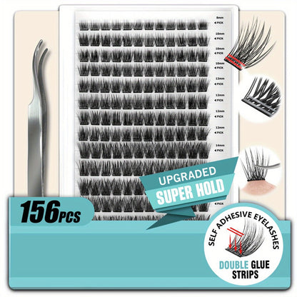 156-Piece Mixed Self-Adhesive Lash Cluster Tray with Black Tweezers and Spoolie Brush in Mixed Style