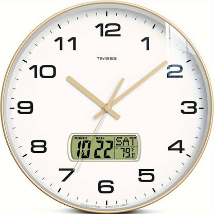 Round Analog Wall Clock with LCD Calendar and Temperature Window, Four Colors and 10- or 12-Inch Sizes