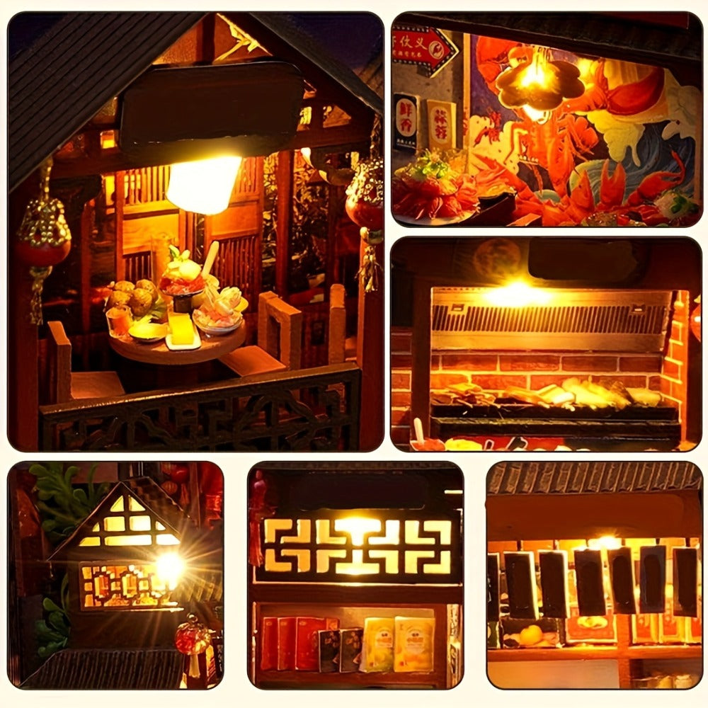 Chinese Food Street Book Nook Kit with LED-Lit Miniature Shops, Sliding Dust Cover and Wooden Shelf Insert