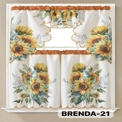Three-Piece Patterned Kitchen Curtain Set with One Valance, Two Tiers and Forty-Six Exact Design Options