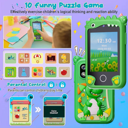 Dinosaur Explorer Phone Toy for Kids with HD Touchscreen & Dual Camera – Educational Smart Phone Toy 8GB for Boys & Girls, Travel Toy in Pink Purple Green, Birthday Christmas Gift