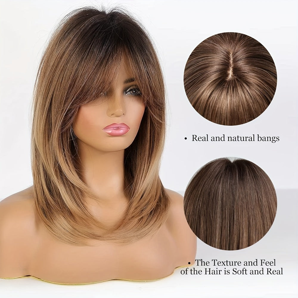 Synthetic Wig with Layered Bangs & Rose Net Cap – Heat Resistant Fiber Matte Finish Long Dark Brown Hair, Natural Looking Lightweight Everyday Style for Women, 18 Inch
