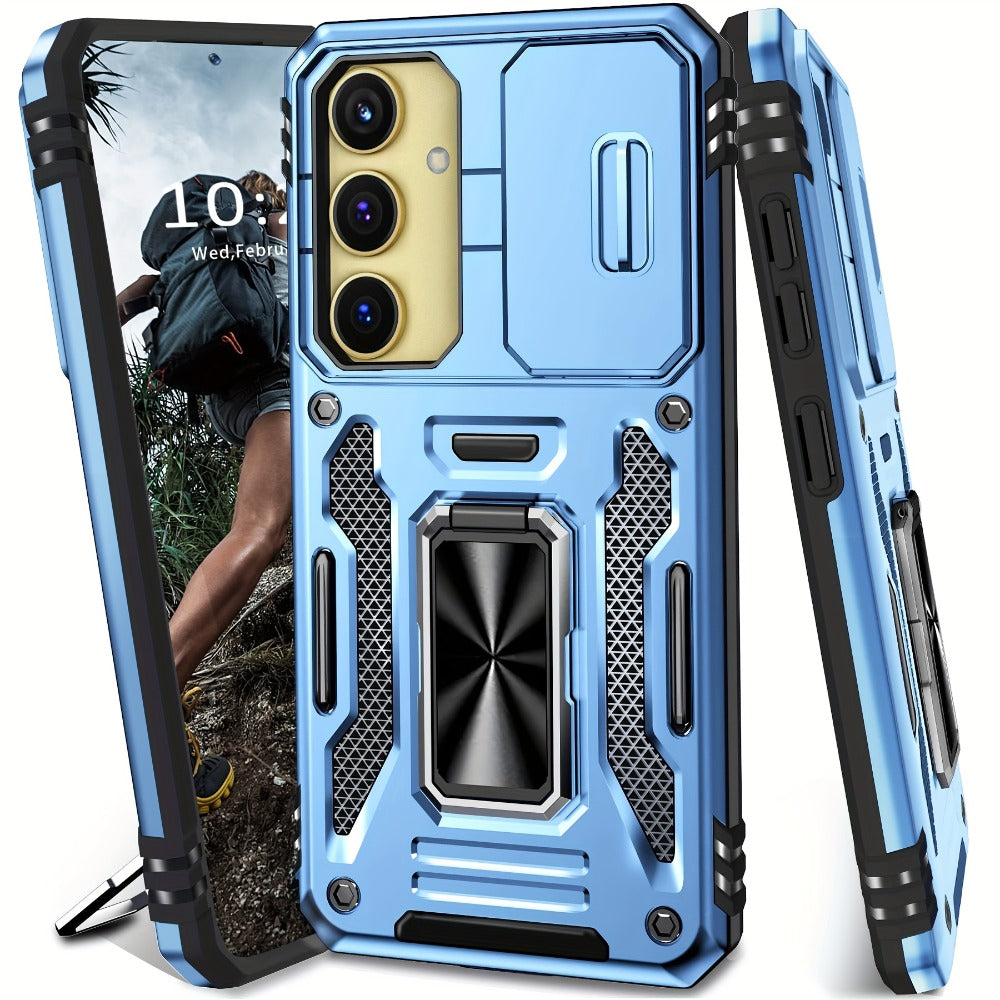 Samsung Galaxy Shockproof Magnetic Phone Case with 360° Rotating Ring Bracket & Sliding Lens Protector – Heavy Duty Cover for S24FE S23FE S22 S21FE Ultra A55 A54 A35 A34 A25 A24 A16 A15 A14 A06 A05 A05S 5G