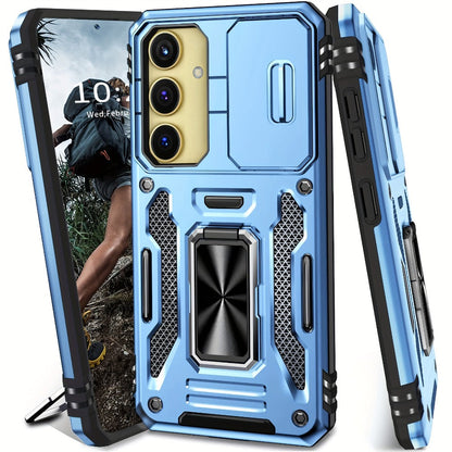 Samsung Galaxy Shockproof Magnetic Phone Case with 360° Rotating Ring Bracket & Sliding Lens Protector – Heavy Duty Cover for S24FE S23FE S22 S21FE Ultra A55 A54 A35 A34 A25 A24 A16 A15 A14 A06 A05 A05S 5G
