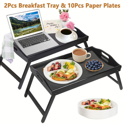 Bamboo Breakfast Tray with Folding Legs & Handles 2 Pack – Extra Wide Foldable Bed Tray Table for Eating, Working & Drawing on Sofa or Bed, Food-Safe Natural Bamboo with 10 Paper Plates