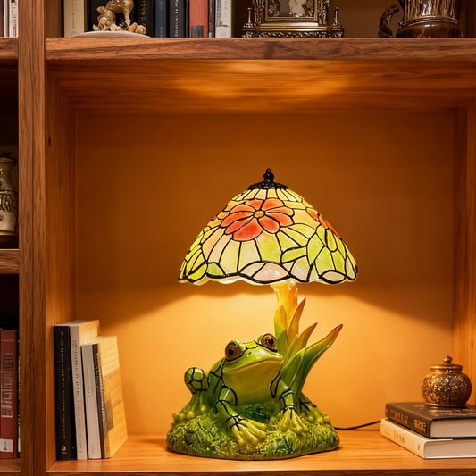Table Lamp with 3D Frog Base, Floral Art-Glass Shade and Single Corded Decorative Design for Bedside Decor